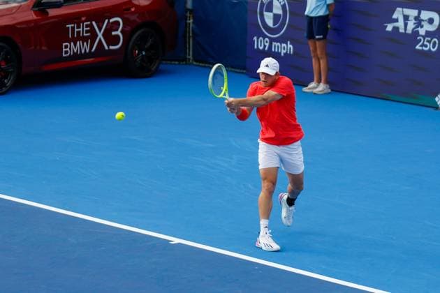 DELRAY BEACH, FL - FEBRUARY 16: Alejandro Davidovich Fokina (ESP) in action during the Mens Singles Final of the Delray Beach Open on February 16, 2025, at Delray Beach Stadium & Tennis Center in Delray Beach, Florida.(Photo by Chris Arjoon Icon Sportswire). TENNIS: FEB 16 Delray Beach Open EDITORIAL USE ONLY Icon250216001094