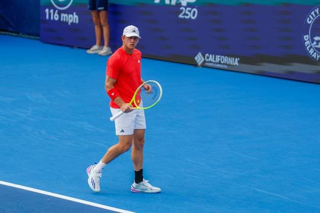 DELRAY BEACH, FL - FEBRUARY 16: Alejandro Davidovich Fokina (ESP) in action during the Mens Singles Final of the Delray Beach Open on February 16, 2025, at Delray Beach Stadium & Tennis Center in Delray Beach, Florida.(Photo by Chris Arjoon Icon Sportswire). TENNIS: FEB 16 Delray Beach Open EDITORIAL USE ONLY Icon250216001099
