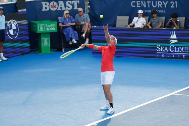 DELRAY BEACH, FL - FEBRUARY 16: Alejandro Davidovich Fokina (ESP) in action during the Mens Singles Final of the Delray Beach Open on February 16, 2025, at Delray Beach Stadium & Tennis Center in Delray Beach, Florida.(Photo by Chris Arjoon Icon Sportswire). TENNIS: FEB 16 Delray Beach Open EDITORIAL USE ONLY Icon250216001104