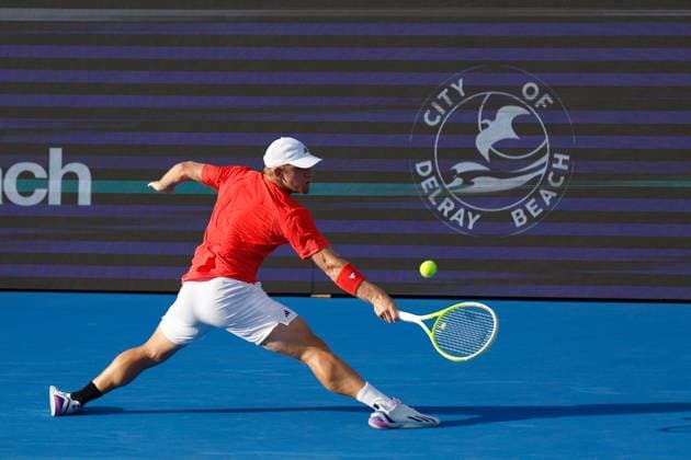 DELRAY BEACH, FL - FEBRUARY 16: Alejandro Davidovich Fokina (ESP) in action during the Mens Singles Final of the Delray Beach Open on February 16, 2025, at Delray Beach Stadium & Tennis Center in Delray Beach, Florida.(Photo by Chris Arjoon Icon Sportswire). TENNIS: FEB 16 Delray Beach Open EDITORIAL USE ONLY Icon250216001111