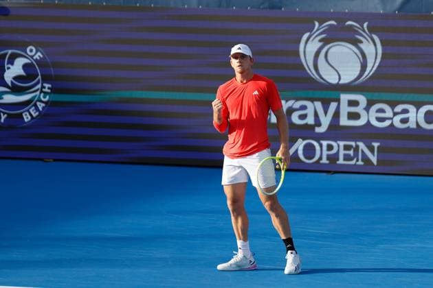 DELRAY BEACH, FL - FEBRUARY 16: Alejandro Davidovich Fokina (ESP) reacts during the Mens Singles Final of the Delray Beach Open on February 16, 2025, at Delray Beach Stadium & Tennis Center in Delray Beach, Florida.(Photo by Chris Arjoon Icon Sportswire). TENNIS: FEB 16 Delray Beach Open EDITORIAL USE ONLY Icon250216001112