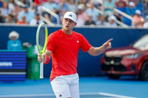DELRAY BEACH, FL - FEBRUARY 16: Alejandro Davidovich Fokina (ESP) reacts during the Mens Singles Final of the Delray Beach Open on February 16, 2025, at Delray Beach Stadium & Tennis Center in Delray Beach, Florida.(Photo by Chris Arjoon Icon Sportswire). TENNIS: FEB 16 Delray Beach Open EDITORIAL USE ONLY Icon250216001114