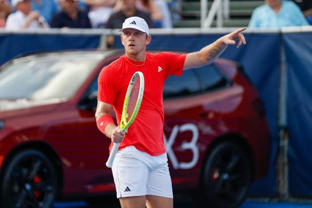 DELRAY BEACH, FL - FEBRUARY 16: Alejandro Davidovich Fokina (ESP) reacts during the Mens Singles Final of the Delray Beach Open on February 16, 2025, at Delray Beach Stadium & Tennis Center in Delray Beach, Florida.(Photo by Chris Arjoon Icon Sportswire). TENNIS: FEB 16 Delray Beach Open EDITORIAL USE ONLY Icon250216001116