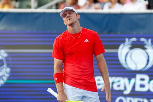 DELRAY BEACH, FL - FEBRUARY 16: Alejandro Davidovich Fokina (ESP) reacts during the Mens Singles Final of the Delray Beach Open on February 16, 2025, at Delray Beach Stadium & Tennis Center in Delray Beach, Florida.(Photo by Chris Arjoon Icon Sportswire). TENNIS: FEB 16 Delray Beach Open EDITORIAL USE ONLY Icon250216001120