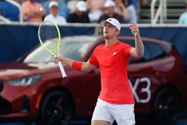 DELRAY BEACH, FL - FEBRUARY 16: Alejandro Davidovich Fokina (ESP) reacts during the Mens Singles Final of the Delray Beach Open on February 16, 2025, at Delray Beach Stadium & Tennis Center in Delray Beach, Florida.(Photo by Chris Arjoon Icon Sportswire). TENNIS: FEB 16 Delray Beach Open EDITORIAL USE ONLY Icon250216001121
