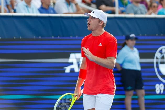 DELRAY BEACH, FL - FEBRUARY 16: Alejandro Davidovich Fokina (ESP) reacts during the Mens Singles Final of the Delray Beach Open on February 16, 2025, at Delray Beach Stadium & Tennis Center in Delray Beach, Florida.(Photo by Chris Arjoon Icon Sportswire). TENNIS: FEB 16 Delray Beach Open EDITORIAL USE ONLY Icon250216001124