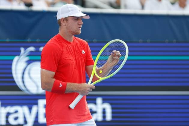 DELRAY BEACH, FL - FEBRUARY 16: Alejandro Davidovich Fokina (ESP) reacts during the Mens Singles Final of the Delray Beach Open on February 16, 2025, at Delray Beach Stadium & Tennis Center in Delray Beach, Florida.(Photo by Chris Arjoon Icon Sportswire). TENNIS: FEB 16 Delray Beach Open EDITORIAL USE ONLY Icon250216001125