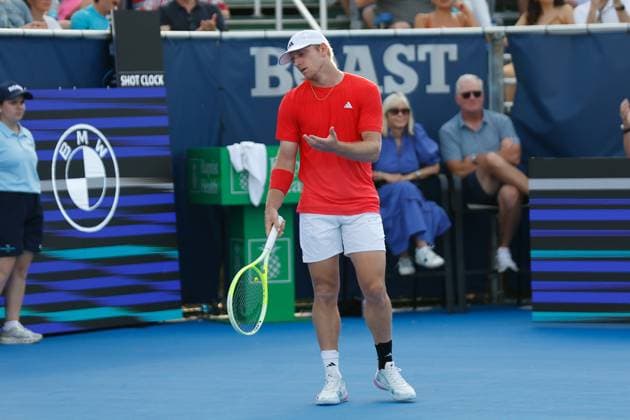 DELRAY BEACH, FL - FEBRUARY 16: Alejandro Davidovich Fokina (ESP) reacts during the Mens Singles Final of the Delray Beach Open on February 16, 2025, at Delray Beach Stadium & Tennis Center in Delray Beach, Florida.(Photo by Chris Arjoon Icon Sportswire). TENNIS: FEB 16 Delray Beach Open EDITORIAL USE ONLY Icon250216001126