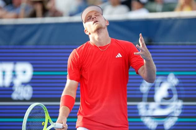 DELRAY BEACH, FL - FEBRUARY 16: Alejandro Davidovich Fokina (ESP) reacts during the Mens Singles Final of the Delray Beach Open on February 16, 2025, at Delray Beach Stadium & Tennis Center in Delray Beach, Florida.(Photo by Chris Arjoon Icon Sportswire). TENNIS: FEB 16 Delray Beach Open EDITORIAL USE ONLY Icon250216001127