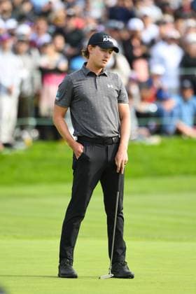 LA JOLLA, CA - FEBRUARY 16: Maverick McNealy reacts to missing a putt not he 18th hole during the final round of The Genesis Invitational 2025 at Torrey Pines Golf Course on February 16, 2025 in La Jolla, California. (Photo by Brian Rothmuller Icon Sportswire) GOLF: FEB 16 PGA, Golf Herren The Genesis Invitational EDITORIAL USE ONLY Icon250216030