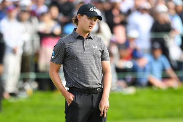 LA JOLLA, CA - FEBRUARY 16: Maverick McNealy reacts to missing a putt not he 18th hole during the final round of The Genesis Invitational 2025 at Torrey Pines Golf Course on February 16, 2025 in La Jolla, California. (Photo by Brian Rothmuller Icon Sportswire) GOLF: FEB 16 PGA, Golf Herren The Genesis Invitational EDITORIAL USE ONLY Icon250216034