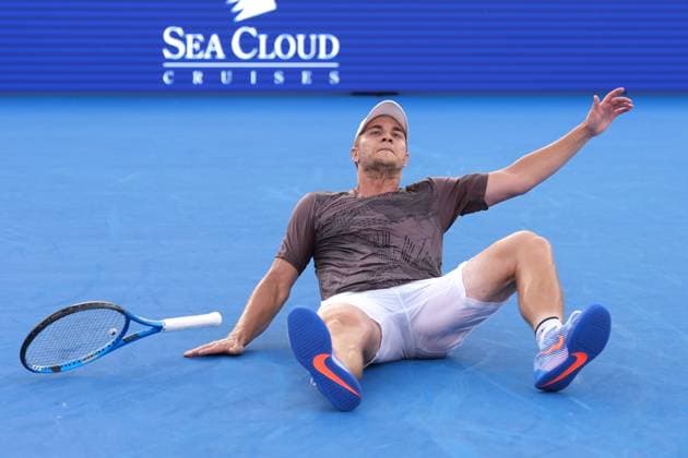 DELRAY BEACH, FL - FEBRUARY 16: Miomir Kecmanovic (SRB) celebrates winning the Delray Beach Open on February 16, 2025, at the Delray Beach Tennis Center in Delray Beach Florida. (Photo by Andrew Patron Icon Sportswire) TENNIS: FEB 16 Delray Beach Open EDITORIAL USE ONLY Icon2502160463