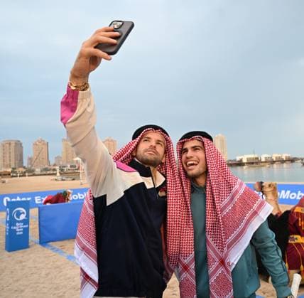 Qatar ExxonMobil Open 2025 Photostunt at Katara Beach , Doha Qatar Grigor Dimitrov BUL , Novak Djokovic SRB , Carlos Alcaraz ESP and Stefanos Tsitsipas GRE