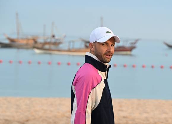Qatar ExxonMobil Open 2025 Photostunt at Katara Beach , Doha Qatar Grigor Dimitrov BUL , Novak Djokovic SRB , Carlos Alcaraz ESP and Stefanos Tsitsipas GRE