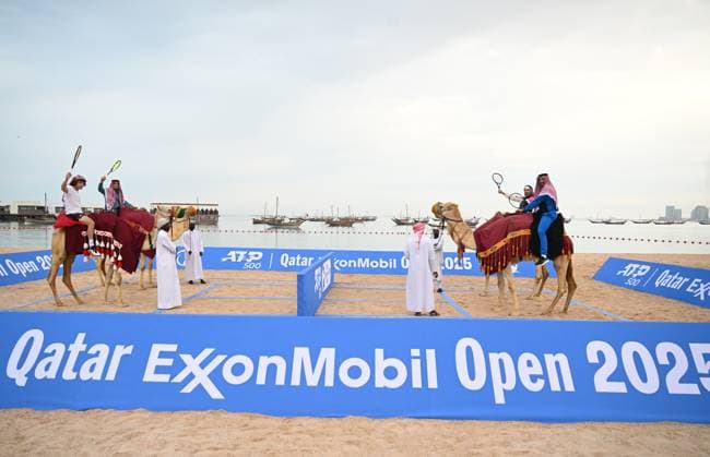 Qatar ExxonMobil Open 2025 Photostunt at Katara Beach , Doha Qatar Grigor Dimitrov BUL , Novak Djokovic SRB , Carlos Alcaraz ESP and Stefanos Tsitsipas GRE