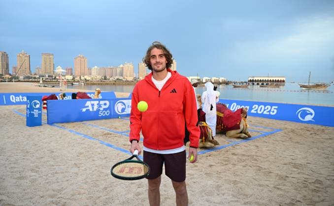 Qatar ExxonMobil Open 2025 Photostunt at Katara Beach , Doha Qatar Grigor Dimitrov BUL , Novak Djokovic SRB , Carlos Alcaraz ESP and Stefanos Tsitsipas GRE