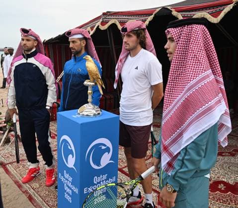 Qatar ExxonMobil Open 2025 Photostunt at Katara Beach , Doha Qatar Grigor Dimitrov BUL , Novak Djokovic SRB , Carlos Alcaraz ESP and Stefanos Tsitsipas GRE