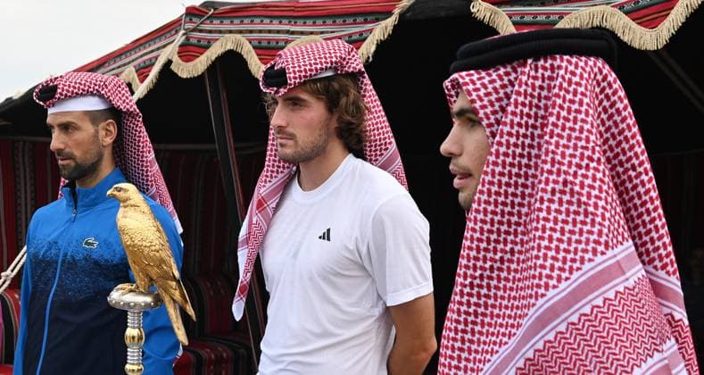 Qatar ExxonMobil Open 2025 Photostunt at Katara Beach , Doha Qatar Grigor Dimitrov BUL , Novak Djokovic SRB , Carlos Alcaraz ESP and Stefanos Tsitsipas GRE
