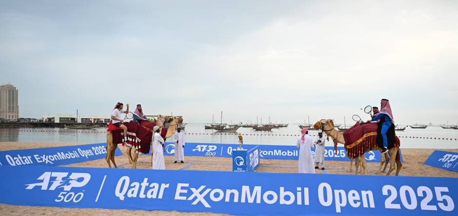 Qatar ExxonMobil Open 2025 Photostunt at Katara Beach , Doha Qatar Grigor Dimitrov BUL , Novak Djokovic SRB , Carlos Alcaraz ESP and Stefanos Tsitsipas GRE