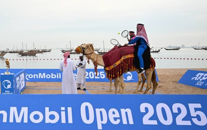 Qatar ExxonMobil Open 2025 Photostunt at Katara Beach , Doha Qatar Grigor Dimitrov BUL , Novak Djokovic SRB , Carlos Alcaraz ESP and Stefanos Tsitsipas GRE