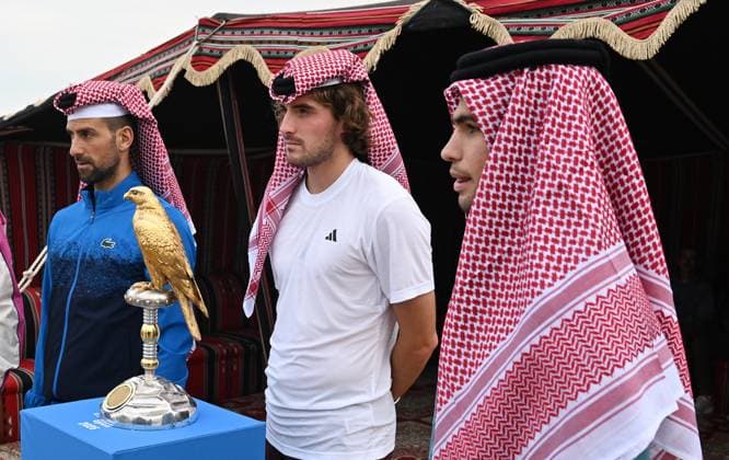 Qatar ExxonMobil Open 2025 Photostunt at Katara Beach , Doha Qatar Grigor Dimitrov BUL , Novak Djokovic SRB , Carlos Alcaraz ESP and Stefanos Tsitsipas GRE