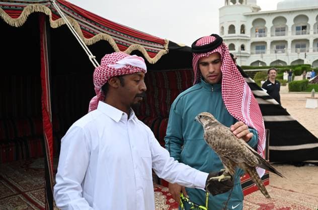 Qatar ExxonMobil Open 2025 Photostunt at Katara Beach , Doha Qatar Grigor Dimitrov BUL , Novak Djokovic SRB , Carlos Alcaraz ESP and Stefanos Tsitsipas GRE