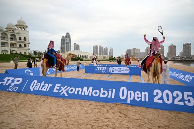 Qatar ExxonMobil Open 2025 Photostunt at Katara Beach , Doha Qatar Grigor Dimitrov BUL , Novak Djokovic SRB , Carlos Alcaraz ESP and Stefanos Tsitsipas GRE
