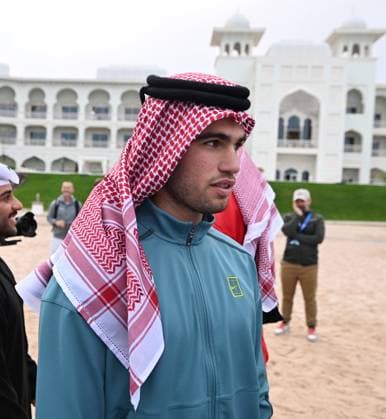 Qatar ExxonMobil Open 2025 Photostunt at Katara Beach , Doha Qatar Grigor Dimitrov BUL , Novak Djokovic SRB , Carlos Alcaraz ESP and Stefanos Tsitsipas GRE