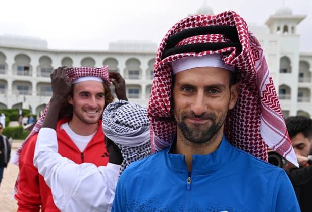 Qatar ExxonMobil Open 2025 Photostunt at Katara Beach , Doha Qatar Grigor Dimitrov BUL , Novak Djokovic SRB , Carlos Alcaraz ESP and Stefanos Tsitsipas GRE