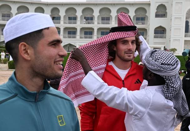 Qatar ExxonMobil Open 2025 Photostunt at Katara Beach , Doha Qatar Grigor Dimitrov BUL , Novak Djokovic SRB , Carlos Alcaraz ESP and Stefanos Tsitsipas GRE