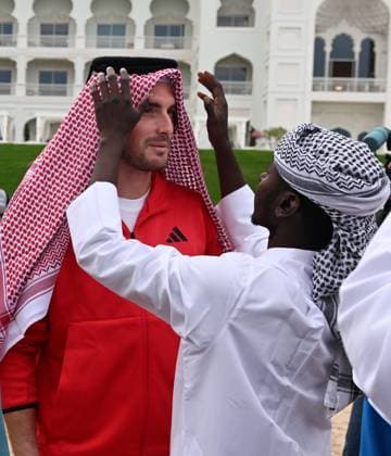 Qatar ExxonMobil Open 2025 Photostunt at Katara Beach , Doha Qatar Grigor Dimitrov BUL , Novak Djokovic SRB , Carlos Alcaraz ESP and Stefanos Tsitsipas GRE