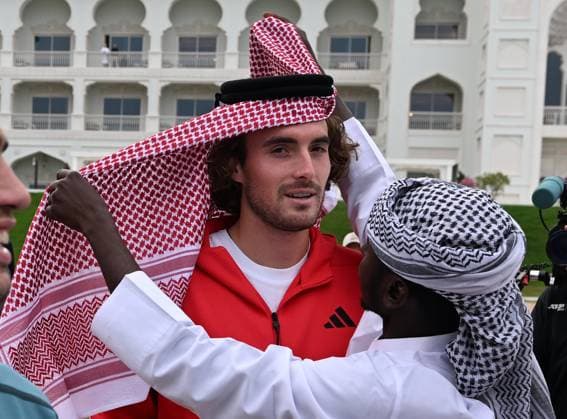 Qatar ExxonMobil Open 2025 Photostunt at Katara Beach , Doha Qatar Grigor Dimitrov BUL , Novak Djokovic SRB , Carlos Alcaraz ESP and Stefanos Tsitsipas GRE