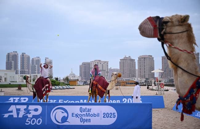 Qatar ExxonMobil Open 2025 Photostunt at Katara Beach , Doha Qatar Grigor Dimitrov BUL , Novak Djokovic SRB , Carlos Alcaraz ESP and Stefanos Tsitsipas GRE