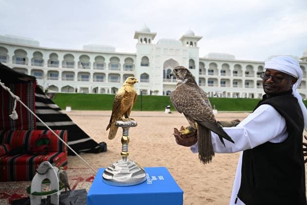 Qatar ExxonMobil Open 2025 Photostunt at Katara Beach , Doha Qatar Grigor Dimitrov BUL , Novak Djokovic SRB , Carlos Alcaraz ESP and Stefanos Tsitsipas GRE