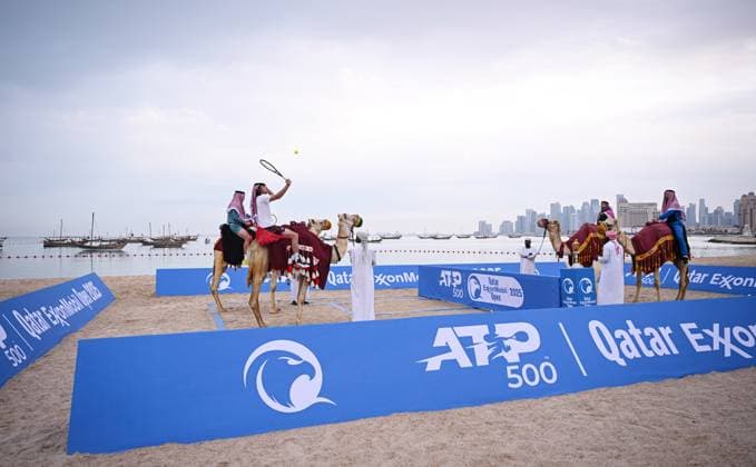 Qatar ExxonMobil Open 2025 Photostunt at Katara Beach , Doha Qatar Grigor Dimitrov BUL , Novak Djokovic SRB , Carlos Alcaraz ESP and Stefanos Tsitsipas GRE