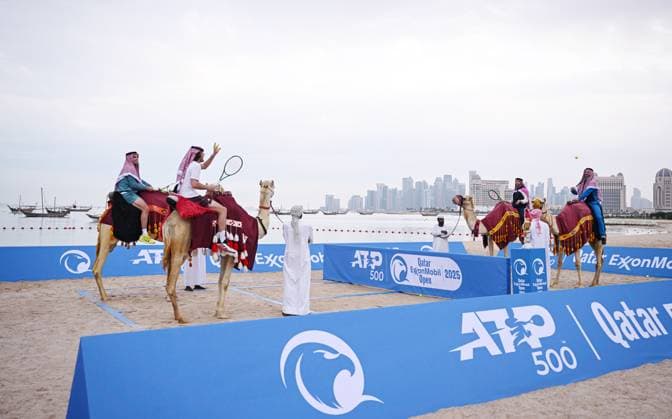 Qatar ExxonMobil Open 2025 Photostunt at Katara Beach , Doha Qatar Grigor Dimitrov BUL , Novak Djokovic SRB , Carlos Alcaraz ESP and Stefanos Tsitsipas GRE