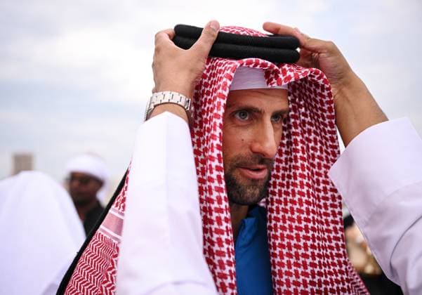 Qatar ExxonMobil Open 2025 Photostunt at Katara Beach , Doha Qatar Grigor Dimitrov BUL , Novak Djokovic SRB , Carlos Alcaraz ESP and Stefanos Tsitsipas GRE