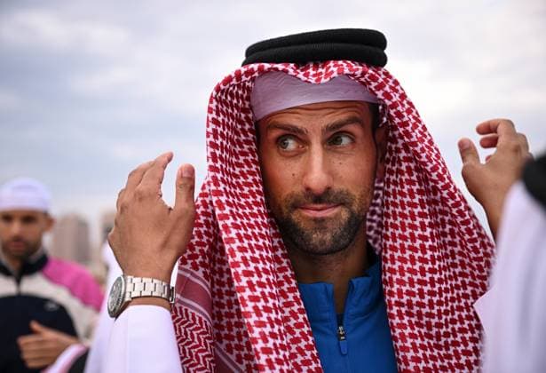 Qatar ExxonMobil Open 2025 Photostunt at Katara Beach , Doha Qatar Grigor Dimitrov BUL , Novak Djokovic SRB , Carlos Alcaraz ESP and Stefanos Tsitsipas GRE