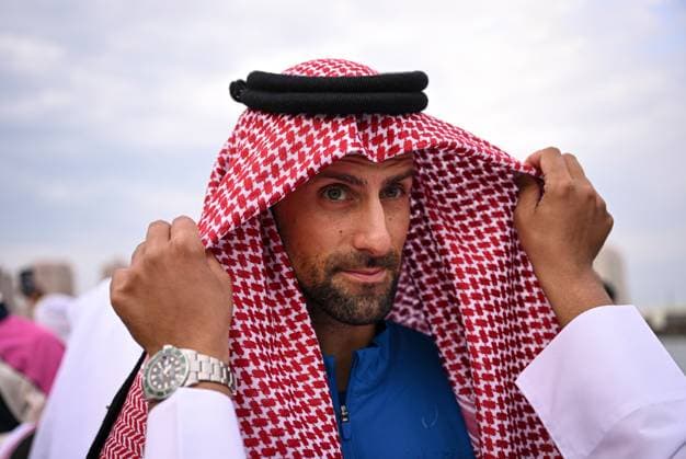 Qatar ExxonMobil Open 2025 Photostunt at Katara Beach , Doha Qatar Grigor Dimitrov BUL , Novak Djokovic SRB , Carlos Alcaraz ESP and Stefanos Tsitsipas GRE