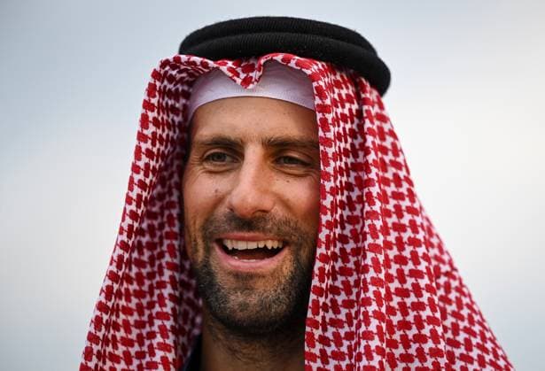 Qatar ExxonMobil Open 2025 Photostunt at Katara Beach , Doha Qatar Grigor Dimitrov BUL , Novak Djokovic SRB , Carlos Alcaraz ESP and Stefanos Tsitsipas GRE