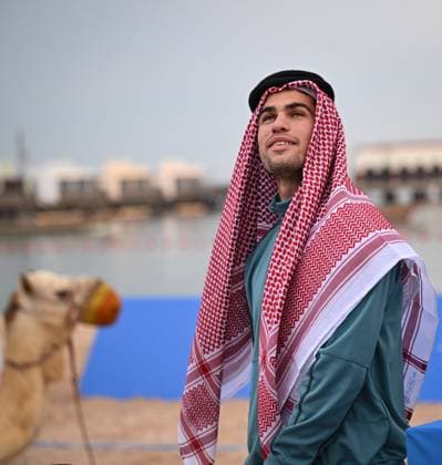 Qatar ExxonMobil Open 2025 Photostunt at Katara Beach , Doha Qatar Grigor Dimitrov BUL , Novak Djokovic SRB , Carlos Alcaraz ESP and Stefanos Tsitsipas GRE