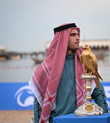 Qatar ExxonMobil Open 2025 Photostunt at Katara Beach , Doha Qatar Grigor Dimitrov BUL , Novak Djokovic SRB , Carlos Alcaraz ESP and Stefanos Tsitsipas GRE