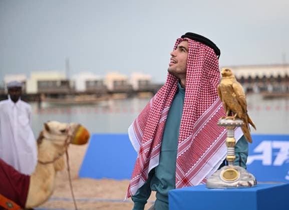 Qatar ExxonMobil Open 2025 Photostunt at Katara Beach , Doha Qatar Grigor Dimitrov BUL , Novak Djokovic SRB , Carlos Alcaraz ESP and Stefanos Tsitsipas GRE