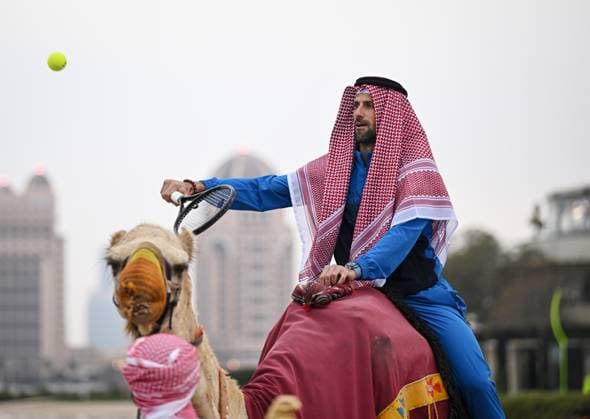 Qatar ExxonMobil Open 2025 Photostunt at Katara Beach , Doha Qatar Grigor Dimitrov BUL , Novak Djokovic SRB , Carlos Alcaraz ESP and Stefanos Tsitsipas GRE