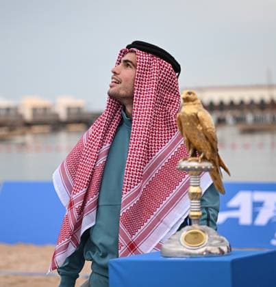 Qatar ExxonMobil Open 2025 Photostunt at Katara Beach , Doha Qatar Grigor Dimitrov BUL , Novak Djokovic SRB , Carlos Alcaraz ESP and Stefanos Tsitsipas GRE