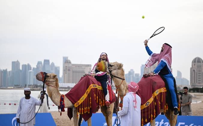 Qatar ExxonMobil Open 2025 Photostunt at Katara Beach , Doha Qatar Grigor Dimitrov BUL , Novak Djokovic SRB , Carlos Alcaraz ESP and Stefanos Tsitsipas GRE