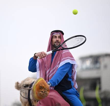 Qatar ExxonMobil Open 2025 Photostunt at Katara Beach , Doha Qatar Grigor Dimitrov BUL , Novak Djokovic SRB , Carlos Alcaraz ESP and Stefanos Tsitsipas GRE