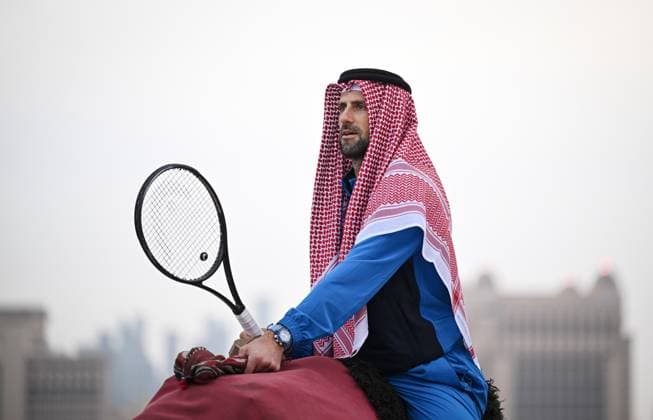 Qatar ExxonMobil Open 2025 Photostunt at Katara Beach , Doha Qatar Grigor Dimitrov BUL , Novak Djokovic SRB , Carlos Alcaraz ESP and Stefanos Tsitsipas GRE