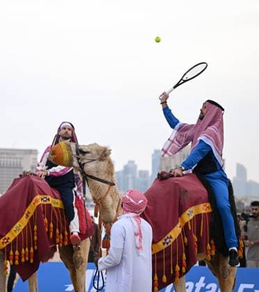 Qatar ExxonMobil Open 2025 Photostunt at Katara Beach , Doha Qatar Grigor Dimitrov BUL , Novak Djokovic SRB , Carlos Alcaraz ESP and Stefanos Tsitsipas GRE