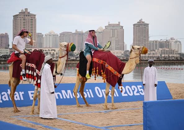 Qatar ExxonMobil Open 2025 Photostunt at Katara Beach , Doha Qatar Grigor Dimitrov BUL , Novak Djokovic SRB , Carlos Alcaraz ESP and Stefanos Tsitsipas GRE